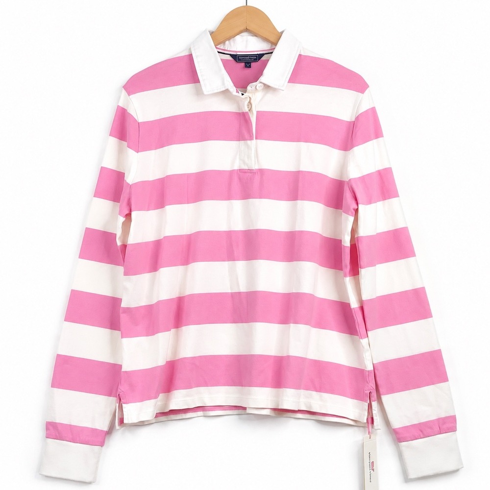 Vineyard Vines Womens Pink White Striped Cotton Rugby Top 2K003920-J671 L NEW